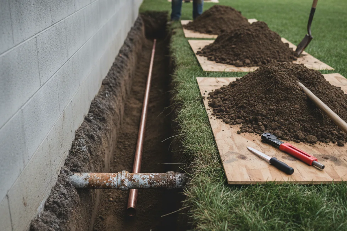 Excavated water line trench during Water Softener Installation in Zachary